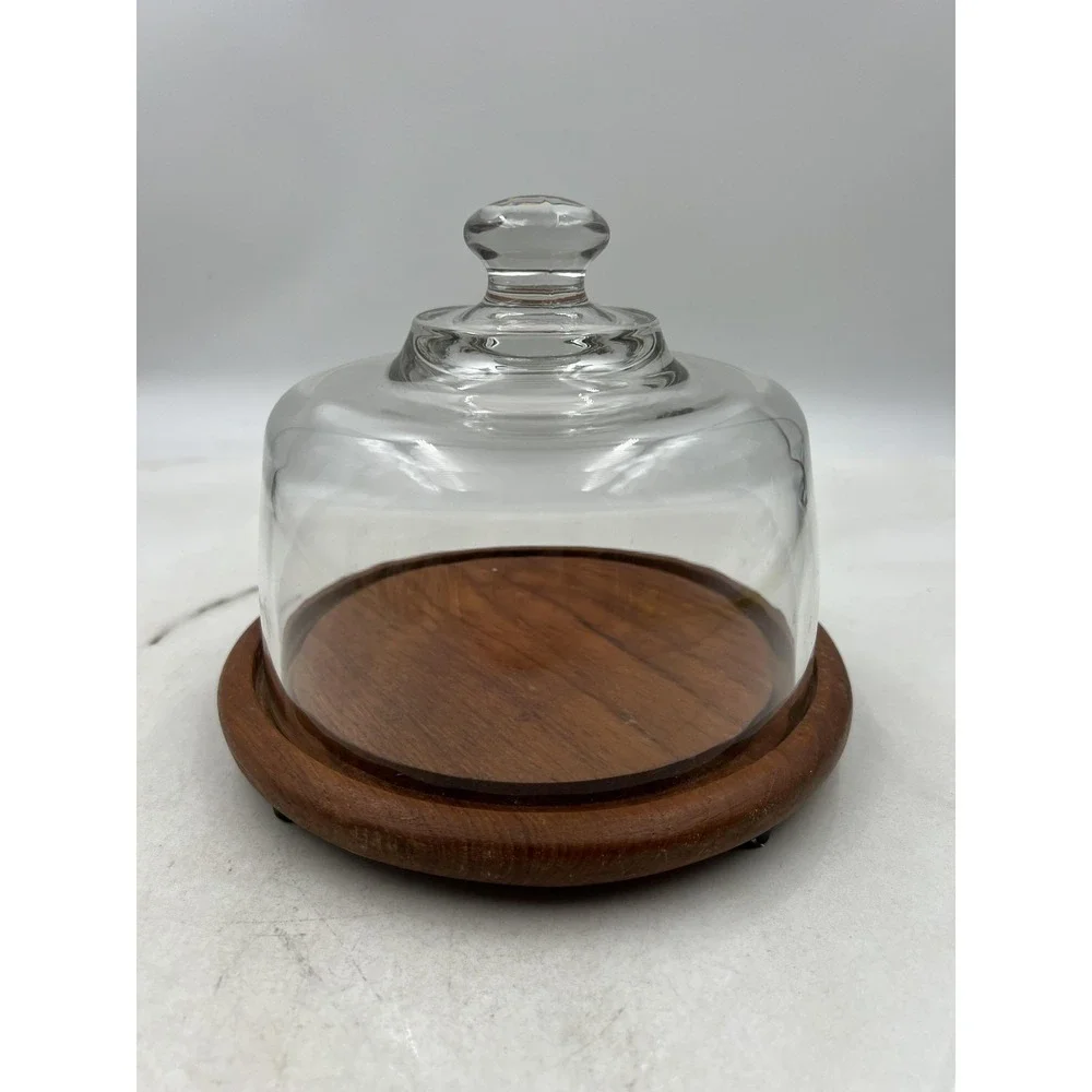 Dolphin Teakwood Cheese Dome Glass Cloche Server Mid Century Modern Wood